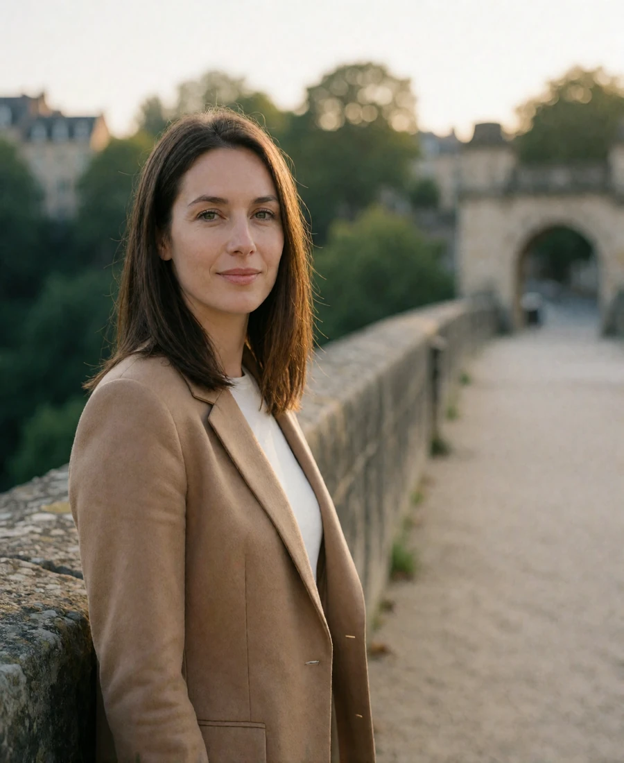 Confident woman in a camel blazer on a stone bridge walkway in Luxembourg City