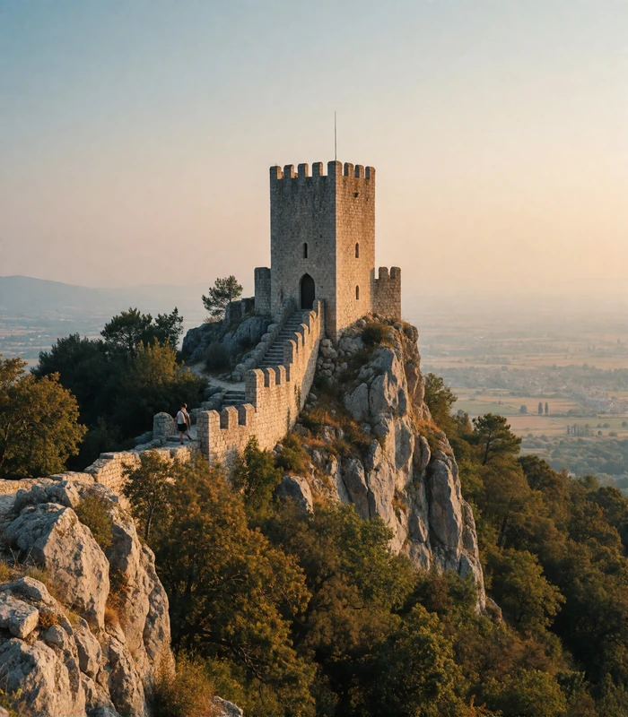 Medieval stone tower crowning a rocky ridge above wooded slopes in San Marino