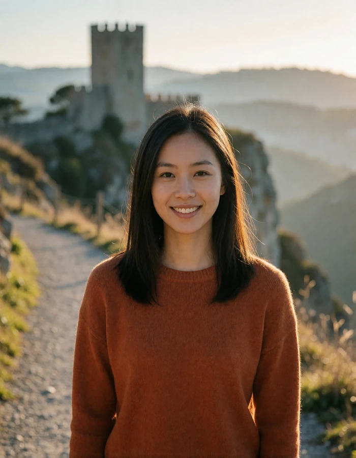 Verified San Marinese member with straight dark hair smiling warmly on a cliffside walking path with a medieval tower behind her