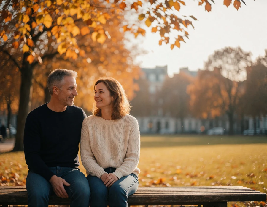 Couple in their late forties sitting on a wooden bench in a large city park under autumn trees