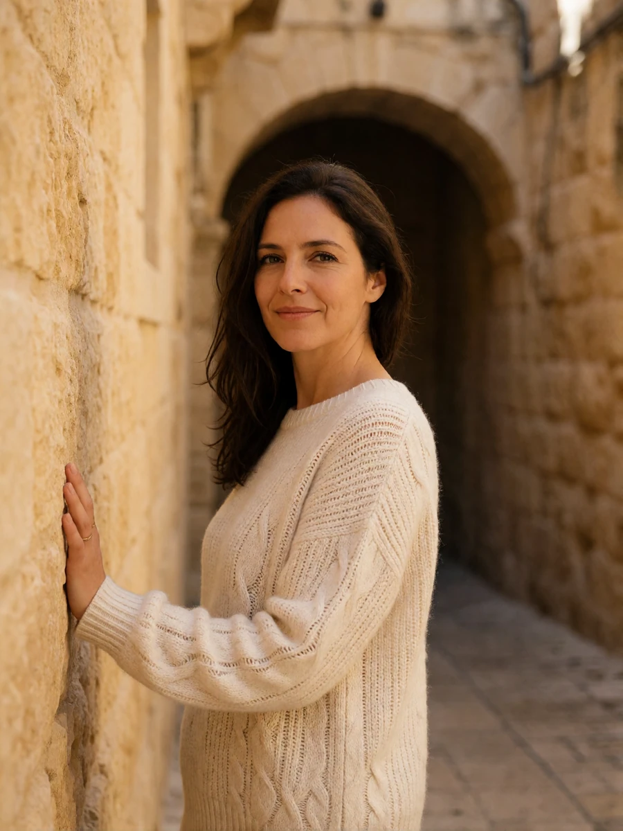 Maltese woman in an ivory knit standing in a narrow Mdina street beside honey-colored limestone walls