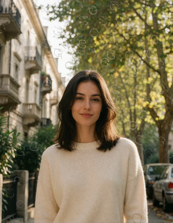 Verified Roman member from the Prati district with dark shoulder-length hair on a leafy residential street