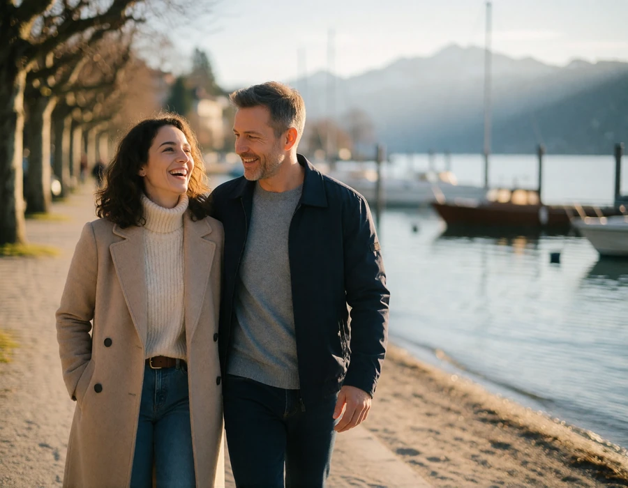 Couple in their late thirties walking close together along a Swiss lakeside promenade with moored boats and distant peaks behind them
