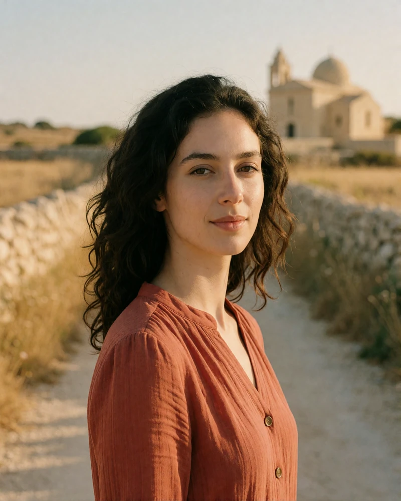 Verified Maltese member with wavy dark hair in a terracotta blouse on a Gozo country path
