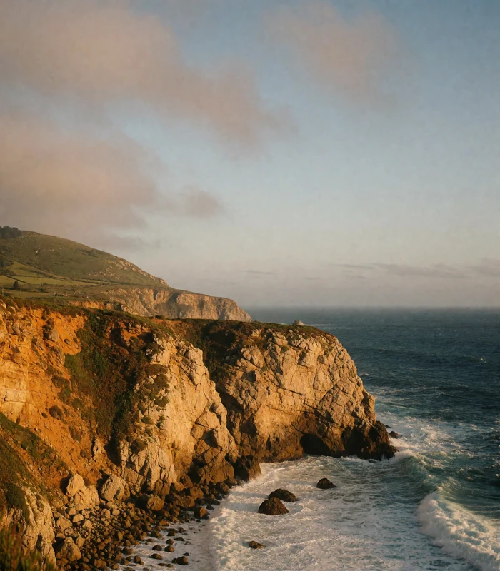 Rugged Portuguese Atlantic cliffs with white surf breaking below and a green headland receding into haze