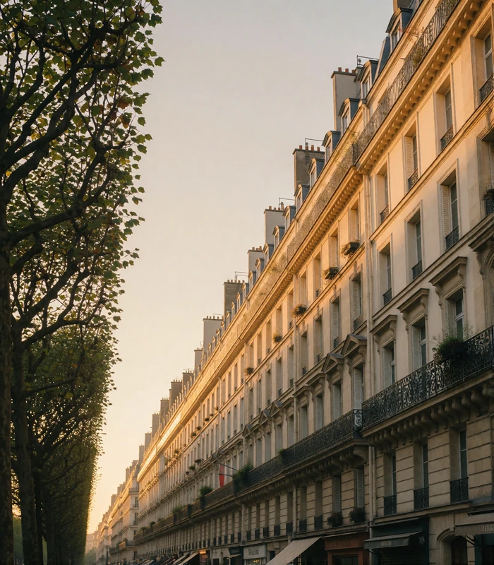 Parisian boulevard of cream Haussmann facades lined with plane trees at warm late-day light