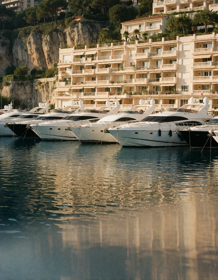 Monaco harbour at late afternoon with white yachts moored below pale cliffside terraces