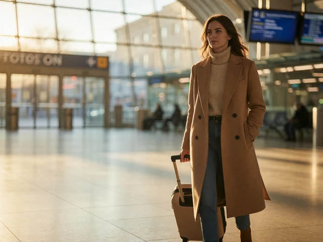 Woman in a camel coat walking through a bright transit hall with a suitcase before an international move