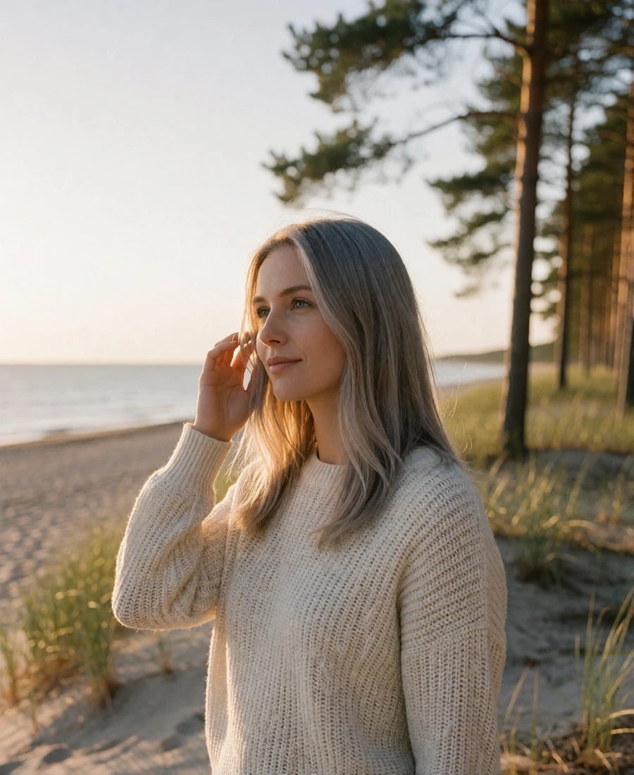 Latvian woman in a cream knit sweater standing on a pine-lined Baltic beach near Jurmala at golden hour