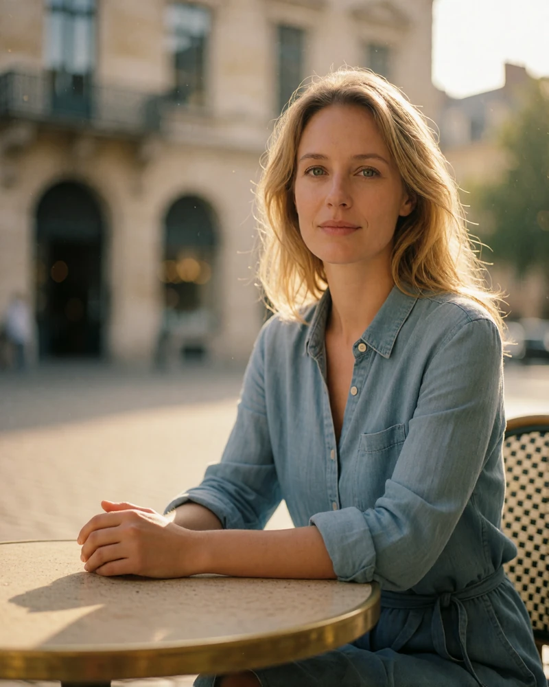 Verified member from Luxembourg with light blonde hair seated at a bistro table on a city square