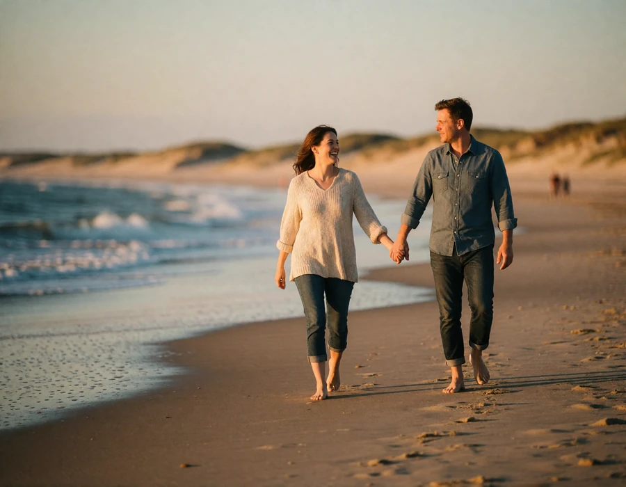 Couple in their late thirties walking barefoot along a wide Atlantic beach in late afternoon light