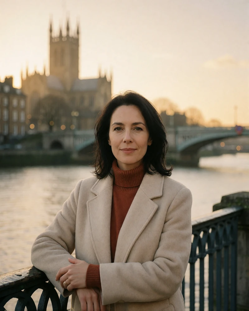Verified German member from Cologne with dark hair in a light beige coat on a river promenade