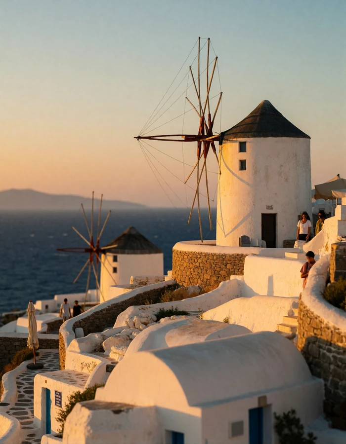 Row of whitewashed stone windmills on a Greek island ridge at sunset above a calm bay