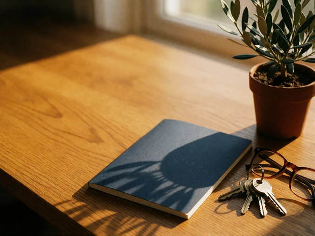 Plain dark blue booklet, keys and glasses resting on a sunlit oak desk beside a small potted olive plant