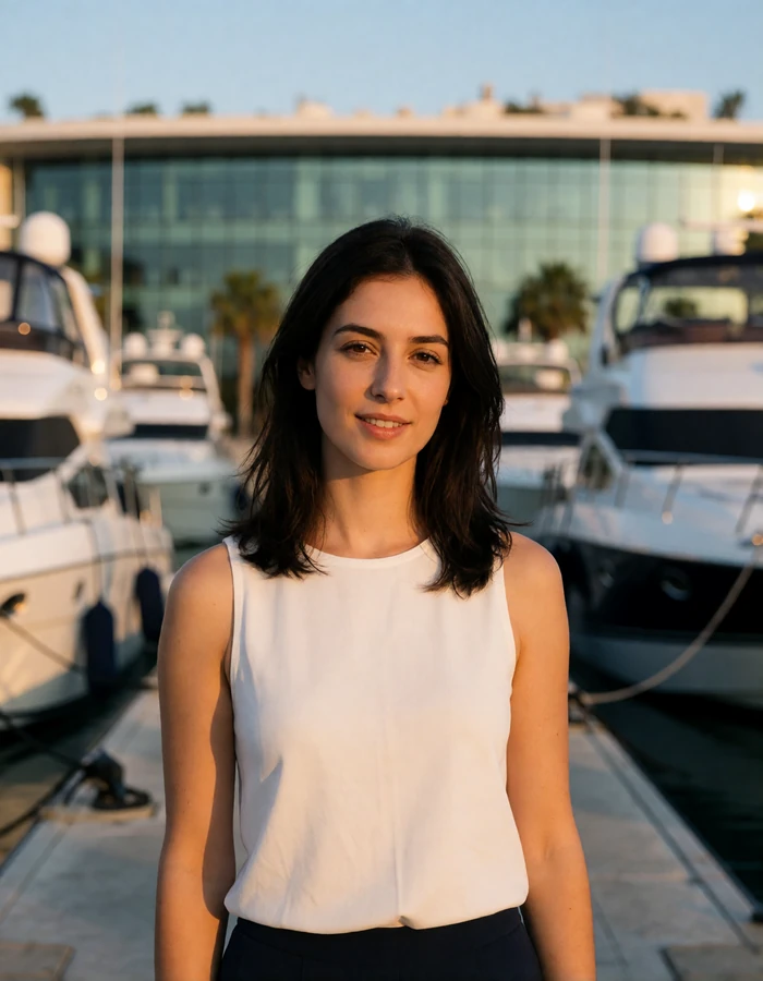 Verified Cypriot member from Limassol with dark shoulder-length hair, photographed on a marina walkway with moored yachts blurred behind her
