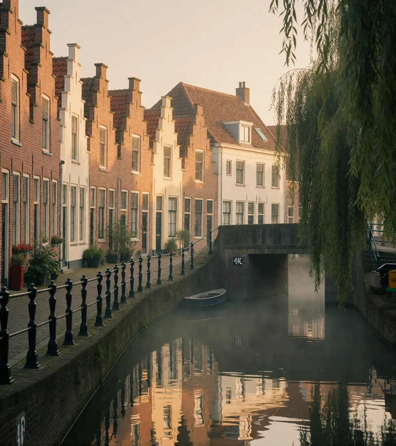 Narrow canal lined with stepped-gable brick houses reflected in still water under a small stone bridge