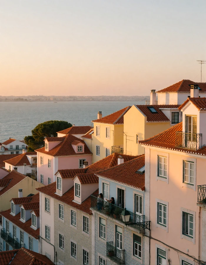 Lisbon hillside of pastel tiled facades stepping down toward the river at dusk