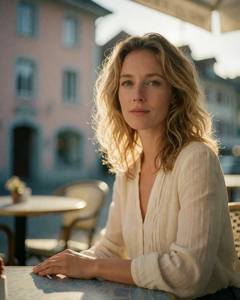 Verified Swiss member with wavy light blonde hair sitting at an outdoor cafe terrace in a Swiss town