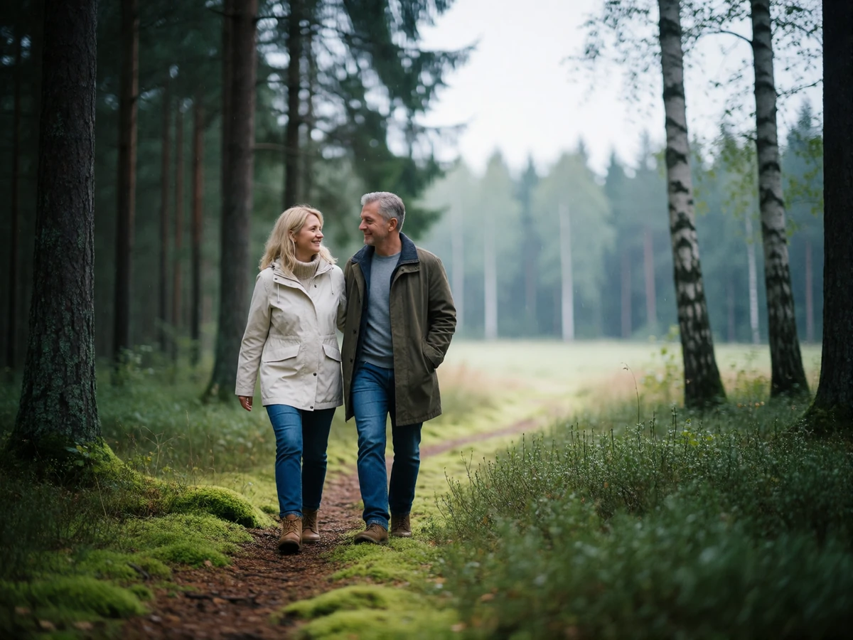 Couple in their late thirties walking together along a mossy forest path in soft daylight