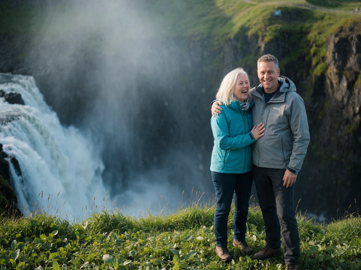 Couple in their forties standing close together on a green cliff viewpoint above a wide misty waterfall