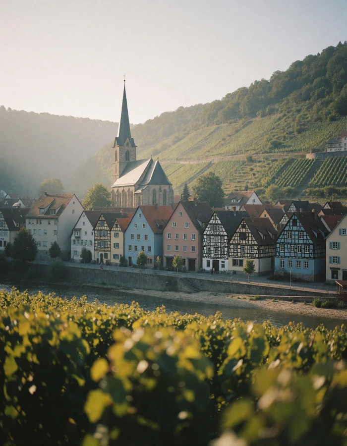 German river valley town with half-timbered houses, a church spire and vineyard slopes rising behind it