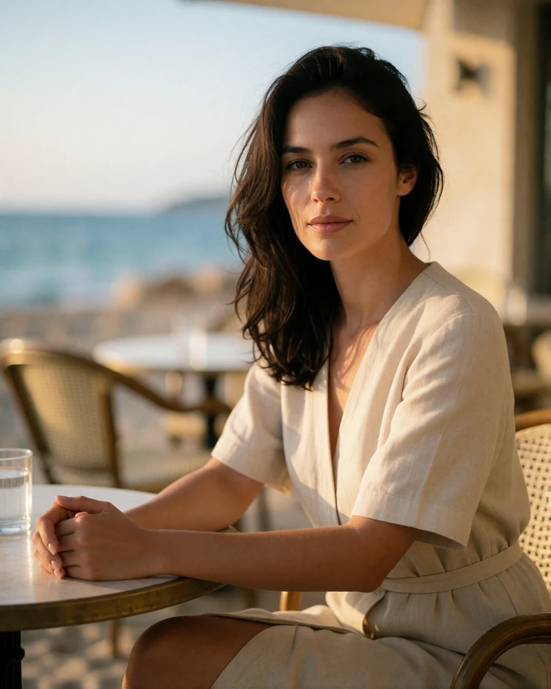Verified Monaco-area member seated at a seaside cafe table in a cream linen dress