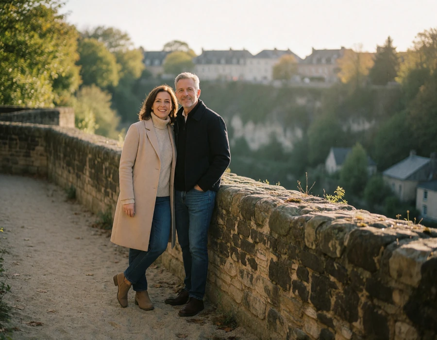 Couple in their forties standing together on an old stone rampart walkway above the Luxembourg gorge
