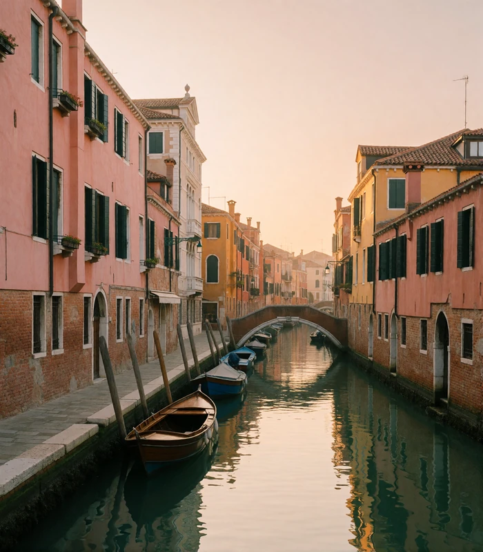Quiet Venetian canal lined with faded pink and ochre palazzi leading toward a small arched bridge
