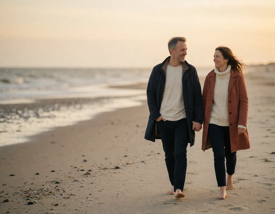 Couple in their late forties walking barefoot along a wide flat North Sea beach at low tide, hands loosely joined