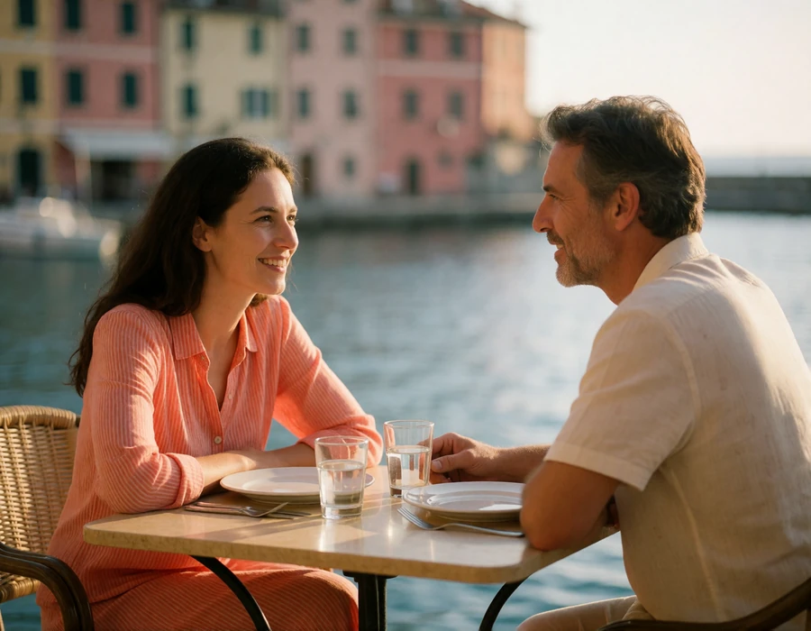 Couple in their forties sitting at an outdoor table on a Ligurian seaside terrace mid-conversation