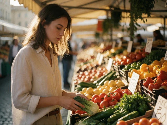 European woman browsing a sunlit open-air market stall of fresh vegetables