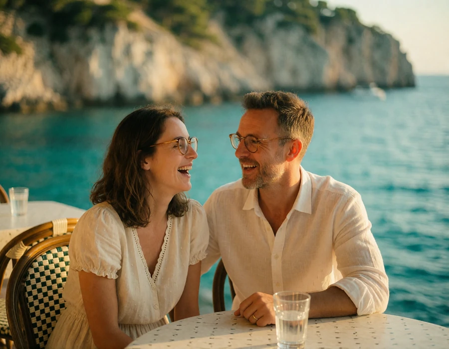 Couple in their late thirties sitting together on a seaside terrace in Malta in late afternoon light