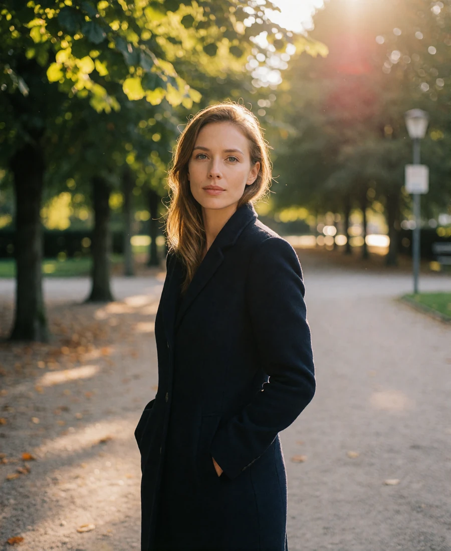 Verified Swedish member with light brown hair in a navy coat standing confidently on a park path