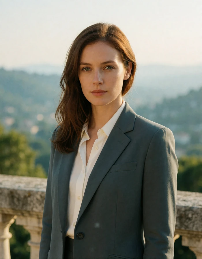 Verified San Marinese member with chestnut hair in a slate-grey blazer standing against a stone balustrade above a hazy valley