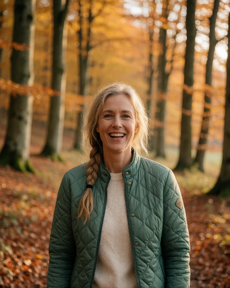 Verified Belgian member from the Ardennes with blonde hair in a braid on a woodland path among tall beech trees
