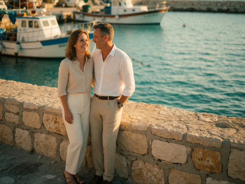 Couple in their forties standing together on a Cypriot stone harbour wall with fishing boats and turquoise water blurred behind them