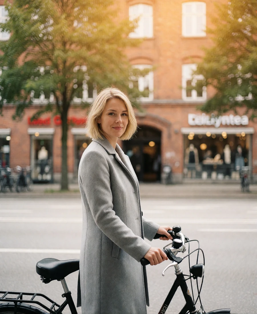 Verified Danish member with a short blonde bob standing with a city bicycle on a clean residential street