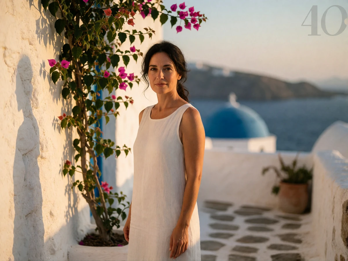 Woman in a white linen dress standing in a whitewashed Aegean island courtyard with sea views beyond