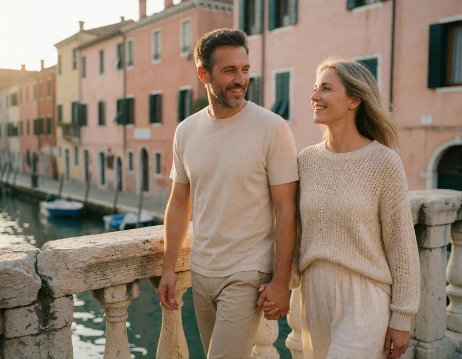 Couple in their forties walking hand in hand across an old European stone bridge at golden hour