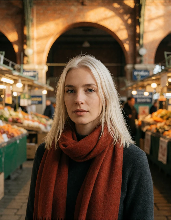 Verified Latvian member with platinum-blonde hair and a rust scarf inside a Riga market hall