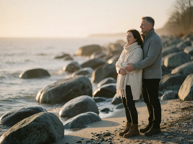 Couple standing together on a rocky Estonian shoreline looking out toward the sea at golden hour