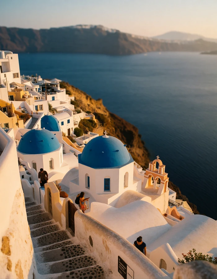 Whitewashed Aegean village stepping down a cliff toward deep blue sea at golden hour