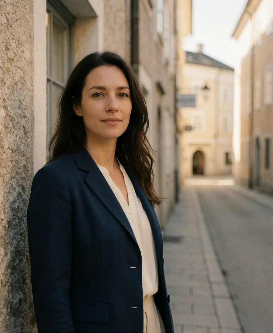 Austrian woman in her mid-thirties with dark hair standing in a narrow Salzburg lane framed by pale stone buildings