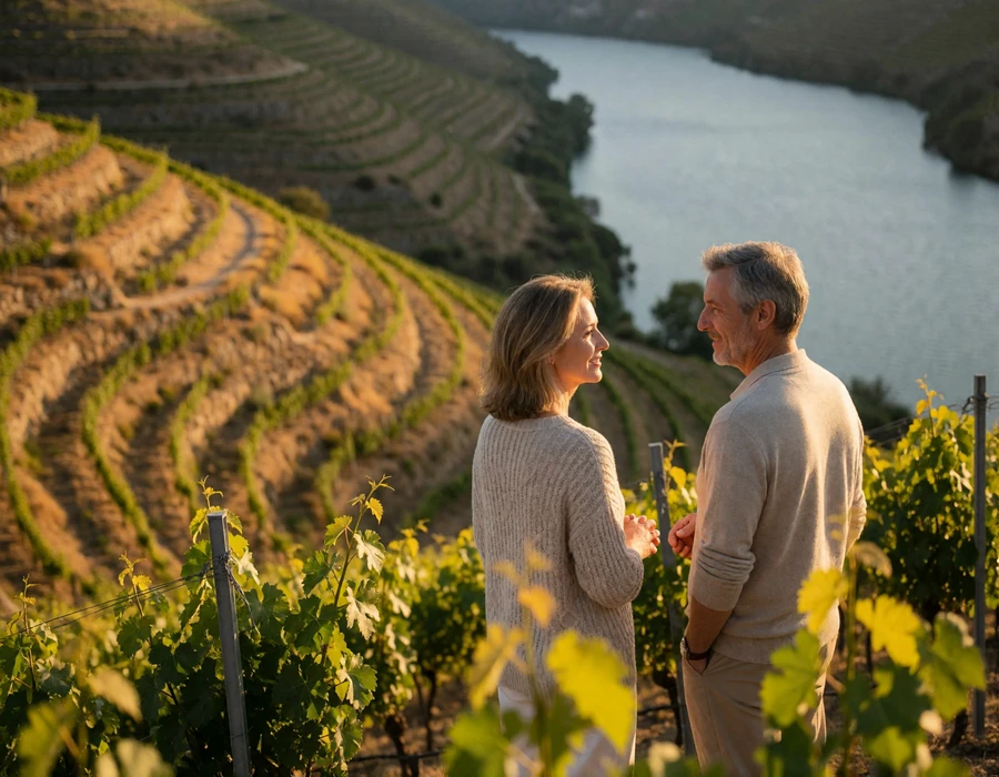 Couple in their fifties standing on a terraced Douro vineyard slope in golden light, turned toward each other in conversation