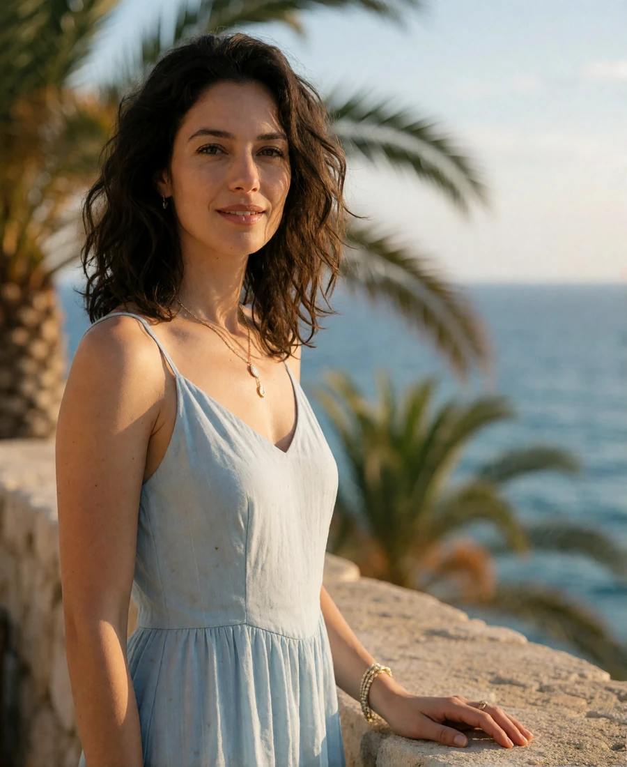 Woman in her mid-thirties standing on a sunlit stone terrace above the Mediterranean near Monaco