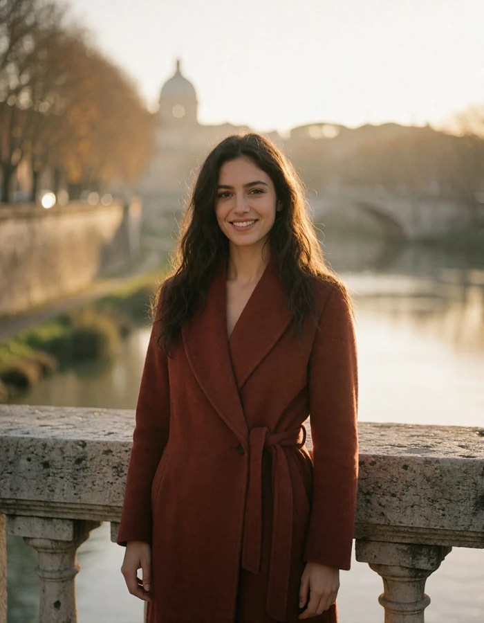 Verified Roman member with long dark wavy hair standing on a stone bridge over the Tiber river at golden hour