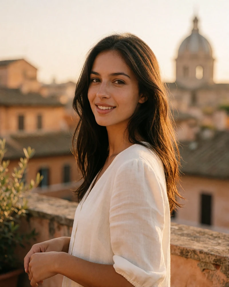 Verified Italian member from Rome with long dark hair on a rooftop terrace at golden hour