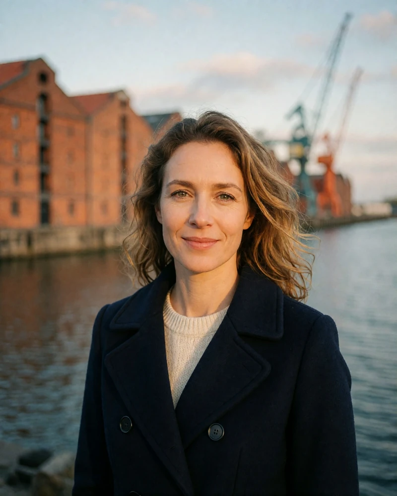 Verified German member from Hamburg with wavy light-brown hair in a navy coat near a harbour waterfront