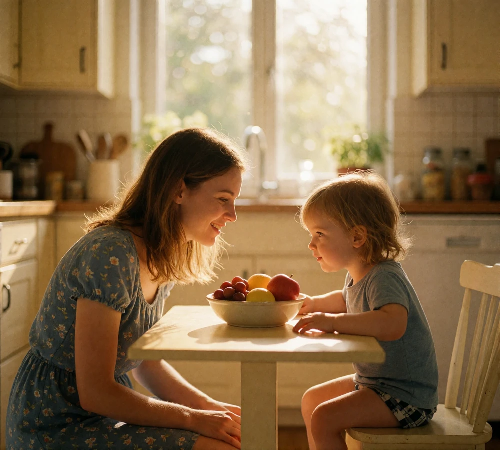 European mother kneeling beside her young child at a sunlit kitchen table, smiling over a bowl of fresh fruit