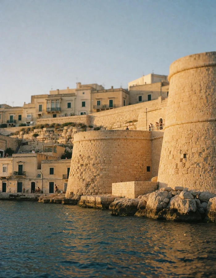 Honey-colored limestone bastions and terraced buildings above a Maltese harbour in late afternoon sun